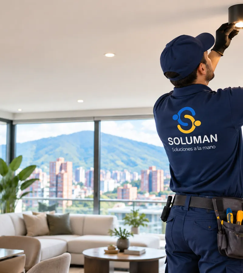 Técnico de mantenimiento trabajando en un apartamento en Medellín