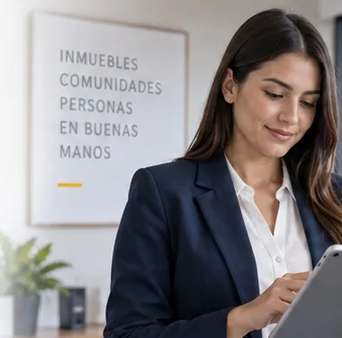 Asesora de inmobiliaria revisando reportes de mantenimiento en una tablet