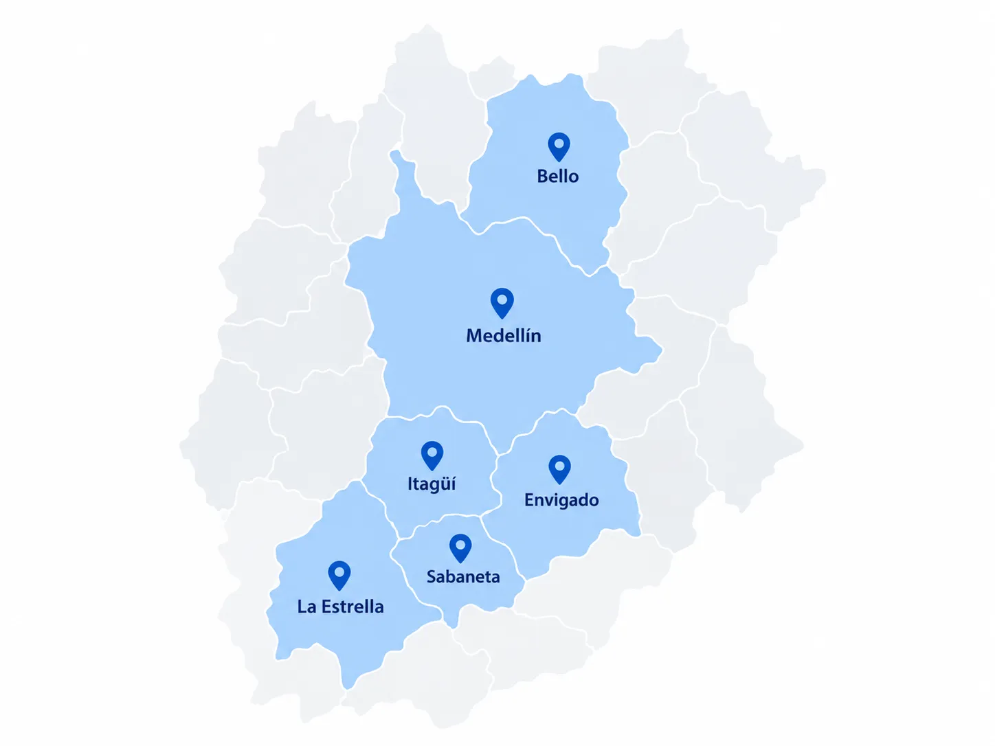 Mapa del Valle de Aburrá con cobertura de Soluman en Medellín y municipios del área metropolitana